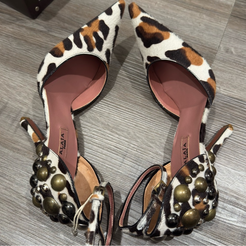 Alaia Leopard Print Pony Hair Studded Point Toe Heels - Picture 7 of 16